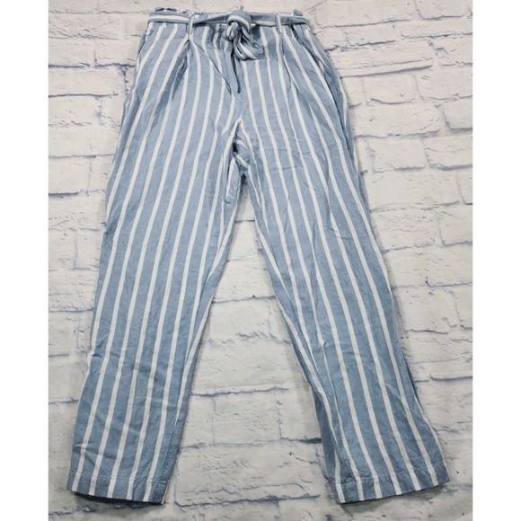 LOFT Pants - Loft WOMENS SIZE S Paperbag Taper Pants Blue White Stripe Linen Blend Belted